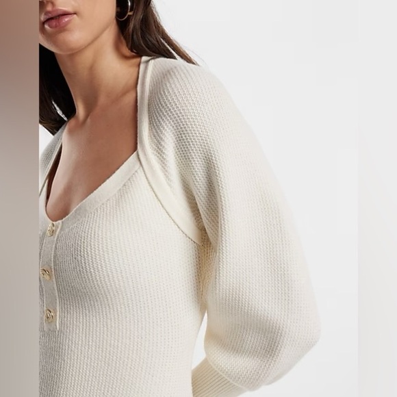 Square Neck Balloon Sleeve Novelty Button Mini Sweater Dress - Picture 2 of 14